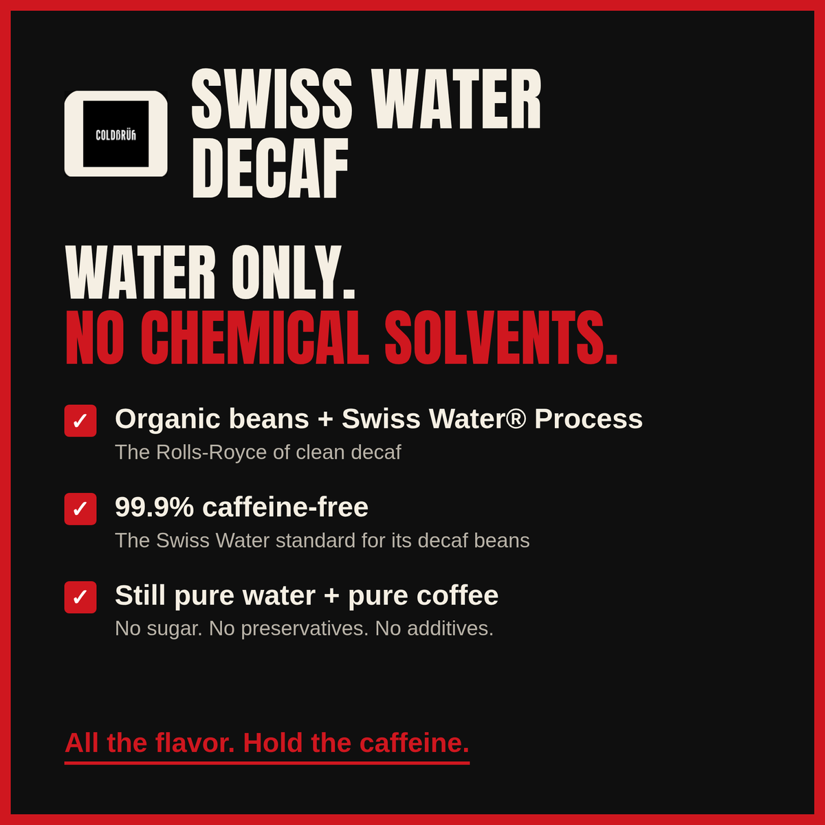 Slide: COLDBRUH Swiss Water Decaf - water only, no chemical solvents, 99.9% caffeine-free