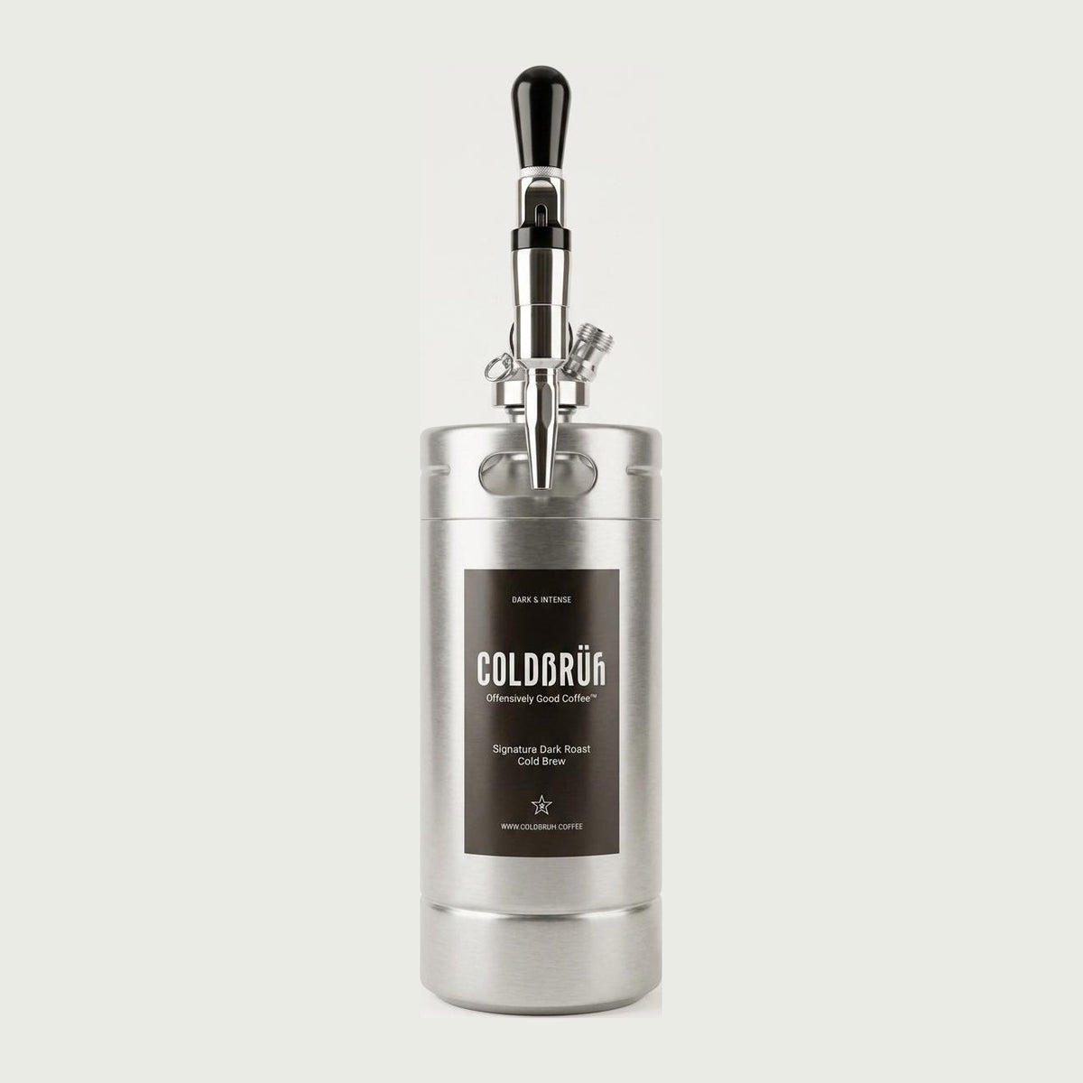 COLDBRUH Signature Dark Roast nitro cold brew in a stainless steel keg with tap