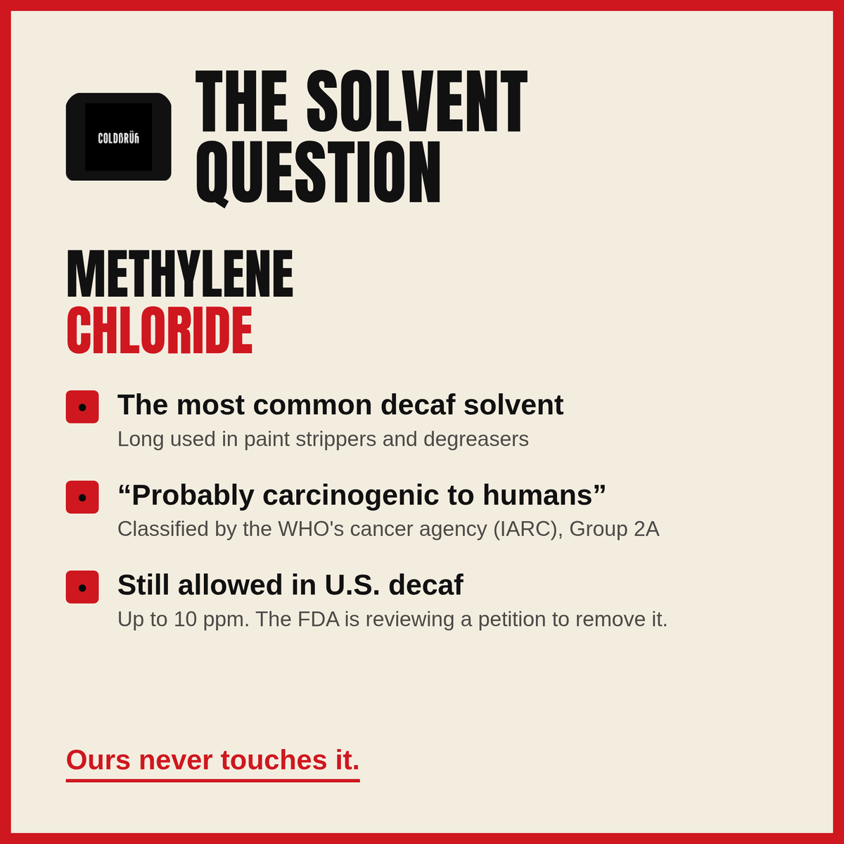 Slide: The solvent question - methylene chloride is still allowed in U.S. decaf at up to 10 ppm