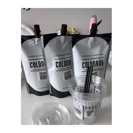COLDBRUH 18oz cold brew pouches with branded plastic cups, lids and straws