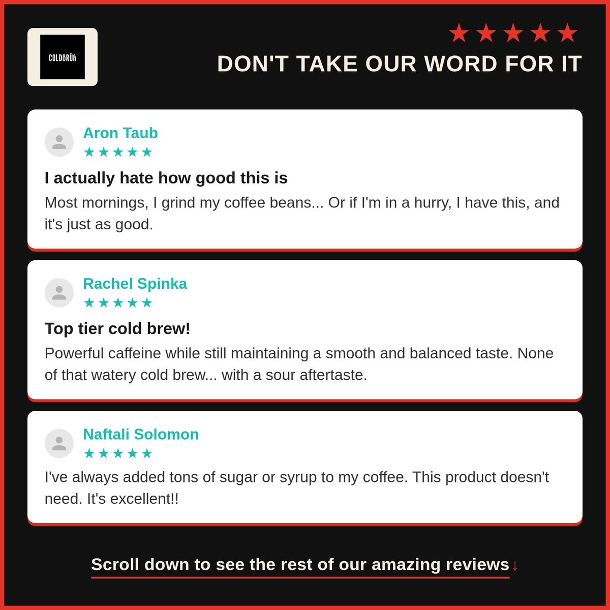 Slide: Five-star COLDBRUH cold brew customer reviews