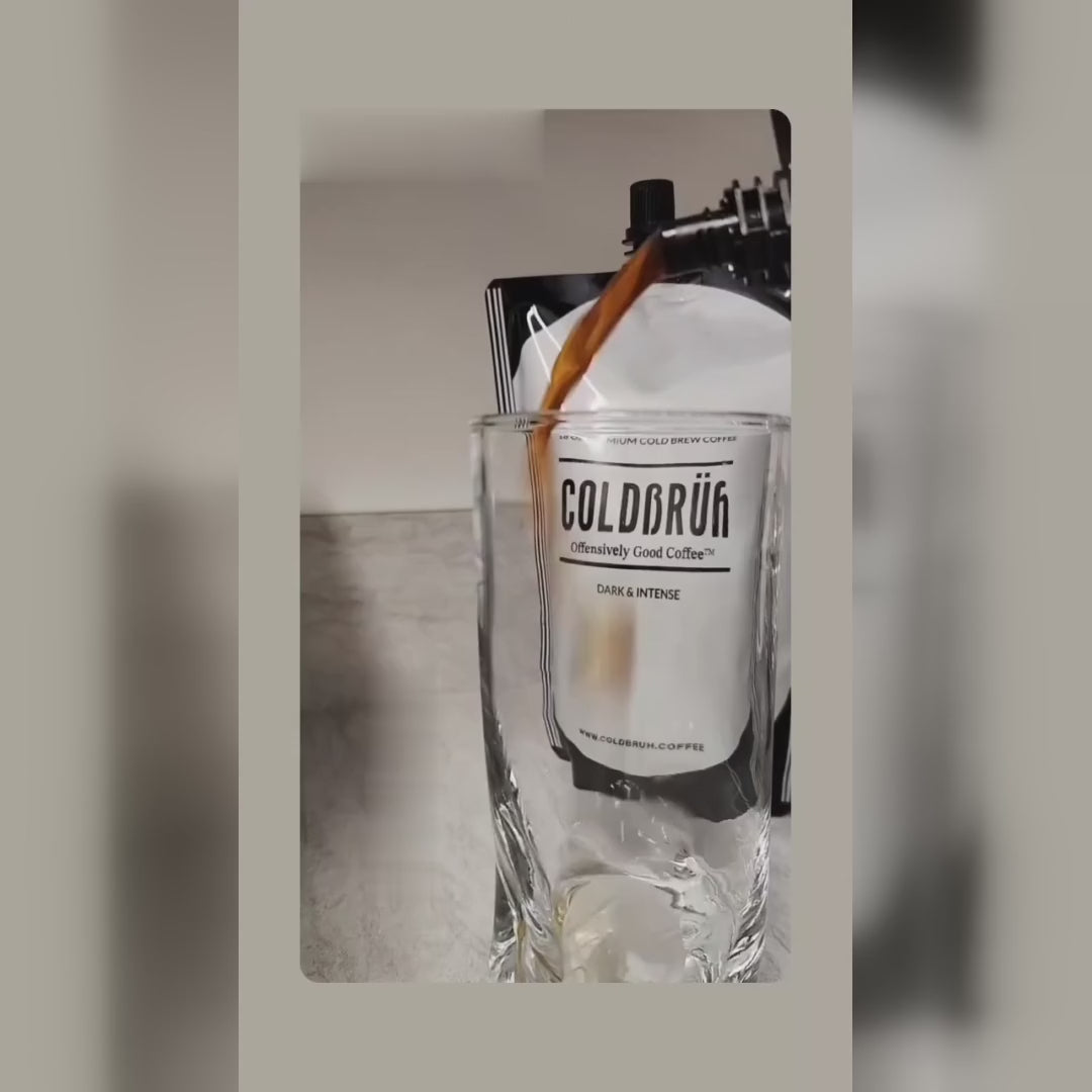 Video: COLDBRUH Signature Dark Roast cold brew poured from an 18oz pouch into a glass