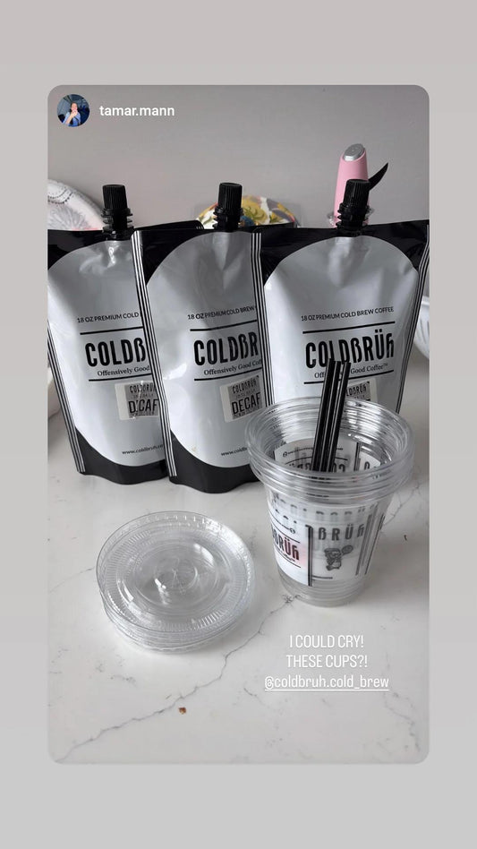 20 pack - 8 oz branded COLDBRUH plastic cups with lids and straws